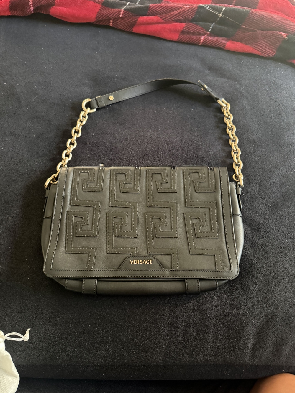 Versace Black Quilted Leather Shoulder Bag with Gold Chain